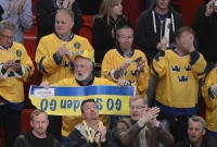 Glada svenska fans efter Tre Kronors seger mot Tyskland. "Men är det kärnpublik eller slipsar som hockeyförbundet vill ha", frågar sig Åke Stolt i dagens krönika. Foto: Claudio Bresciani, Scanpix