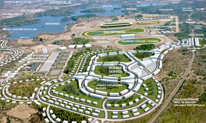 Skiss på den tänkta hästsportarenan i Södertälje, där delar av det gamla regementet vid Almnäs ska användas.