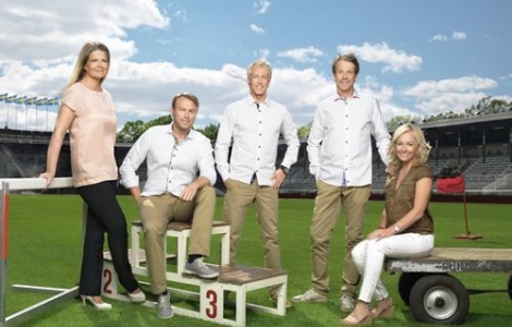Marie Lehmann, Jonas Karlsson, André Pops, Jacob Hård och Yvette Hermundstad håller i OS-sändningarna. Med Åsa Edlund Jönsson som projektledare, hon ansvarar för 600 TV-timmar från OS. Foto: Karl Nordlund.