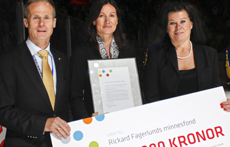 Ninna Engberg, vd Stockholm Globe Arenas (th) överlämnar priset till Rickard Fagerlunds dotter, Helena Fagerlund (mitten) tillsammans med hockeyförbundets ordförande Christer Englund (tv).