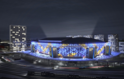 Ljuset lyser upp över nationalarenan i Solna. En praktfull syn, men så är också arenan tänkt att bli en av Europas främsta, och det skjutbara taket innebär en flexibel användning.