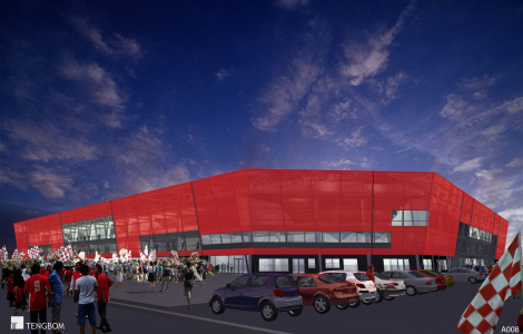 Och så här ska arenan lysa i Kalmar FF:s röda färger på kvällstid. Illustration: Tengbom arkoteknik Kalmar